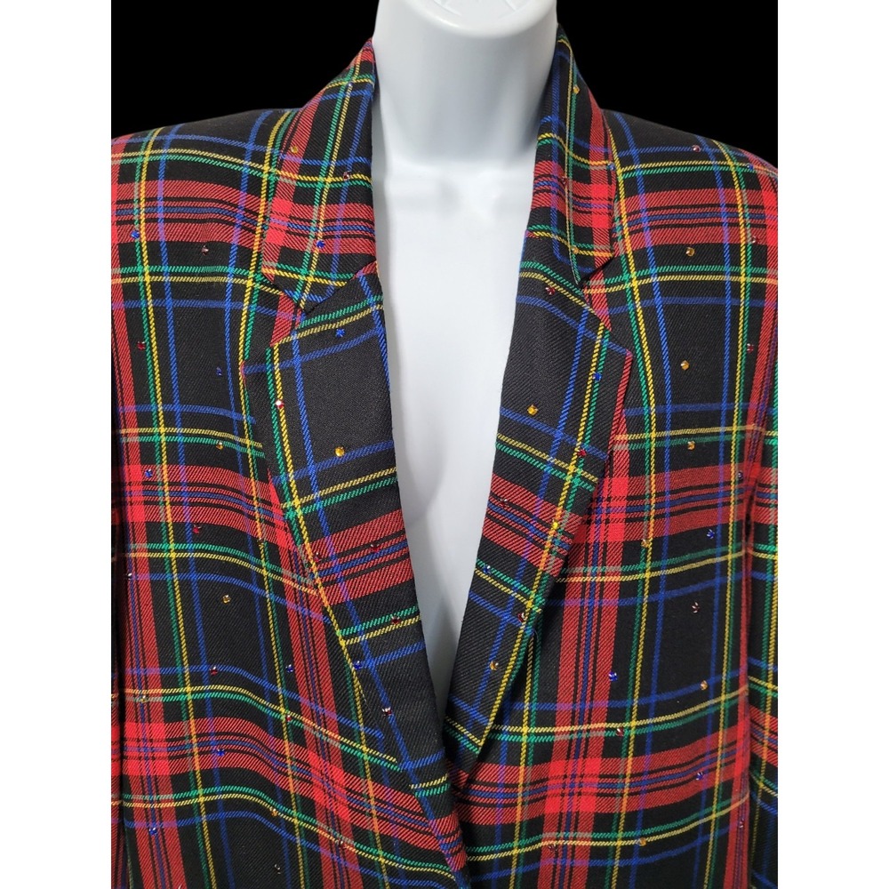 Vtg 80s Tartan Plaid Rhinestone Womens Blazer Jacket Medium Colorful Whimsical